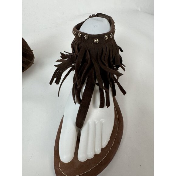 Brown Fringe Suede Flat Thong Sandals With Studded Accents & Zipper Closure For - Picture 11 of 15